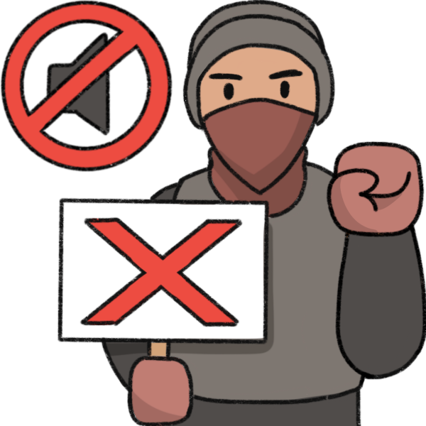 a person holding up their fist, and a sign with a red X. Next to them is a speaker symbol crossed out. The person has a serious expression, tan skin, and wear dark clothing and a bandana over the lower half of their face